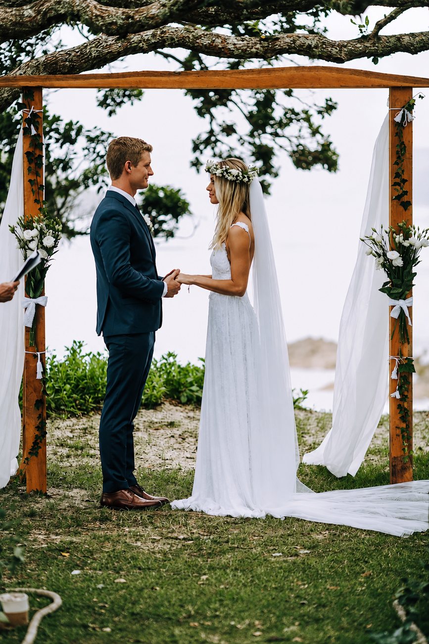 A couple exchanging vows under a timber arch dressed with drapes and greenery