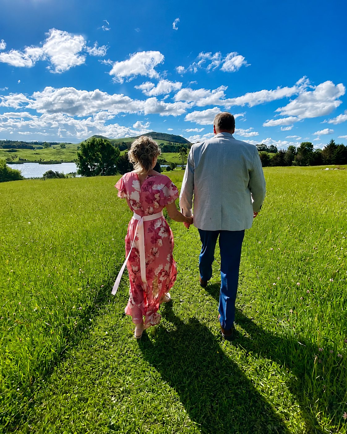 A couple walking hand in hand across an open green paddock under a wide sky